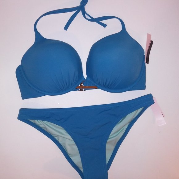 Victoria Secret Swim Bikini 38C Top Large Bottom Solid Blue Bombshell Push Up Ad - Picture 4 of 9